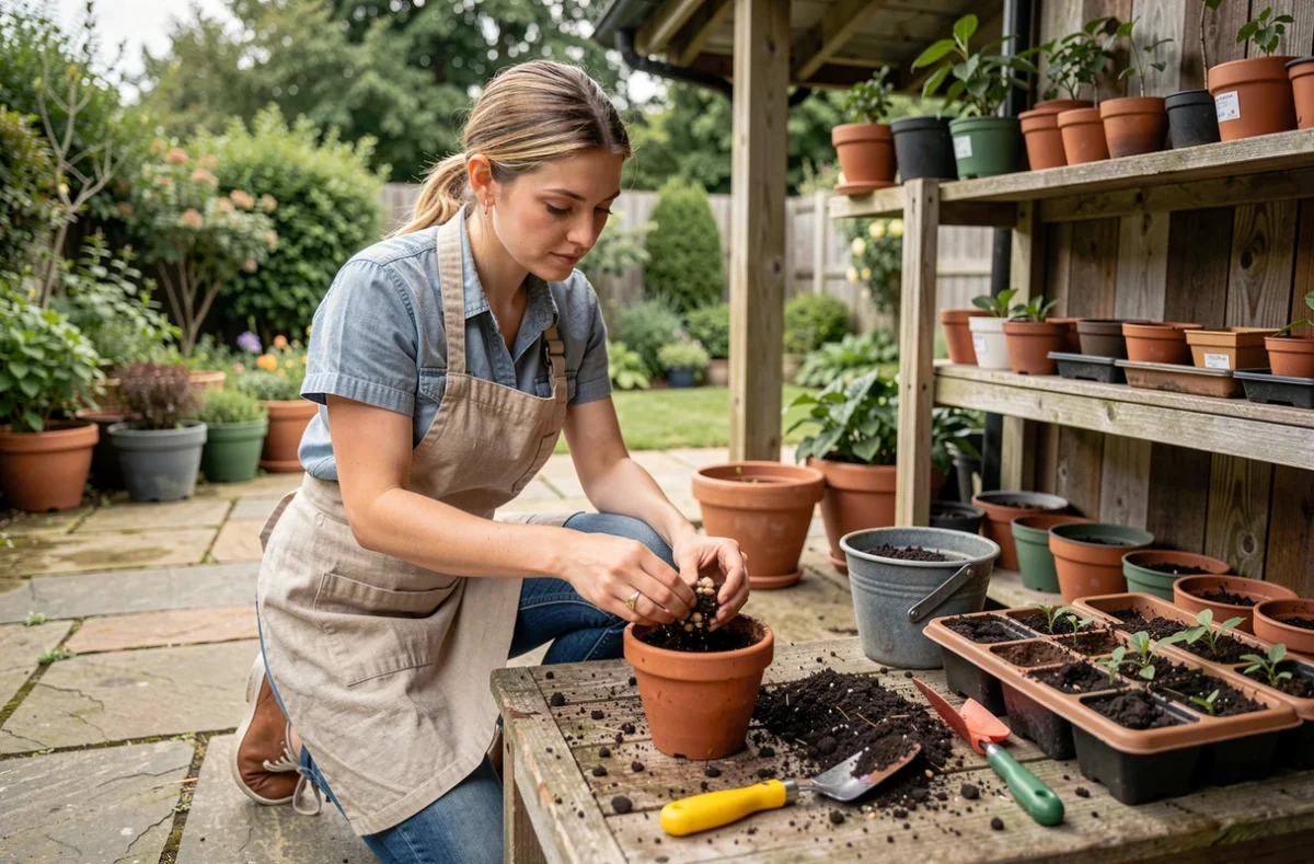 Femme plantant un noyau d'abricot stratifié dans un pot en terre cuite pour faire germer un abricotier