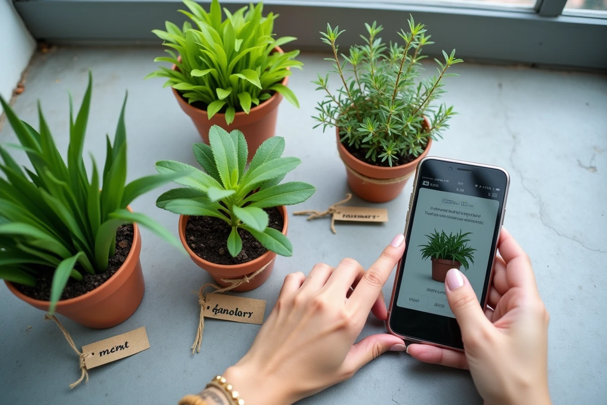 Vue de dessus de plantes anti-mouches en pot sur un balcon avec étiquettes et smartphone pour achat en ligne