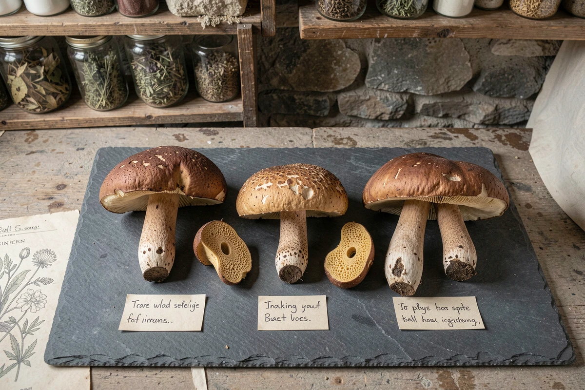 Plateau comparatif de plusieurs bolets entiers et coupés avec étiquettes d'identification sur ardoise en cuisine rustique