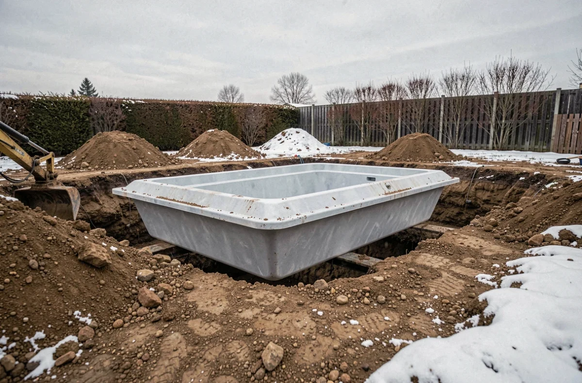 Piscine coque en polyester descendue dans une excavation lors d'un chantier d'installation hivernal