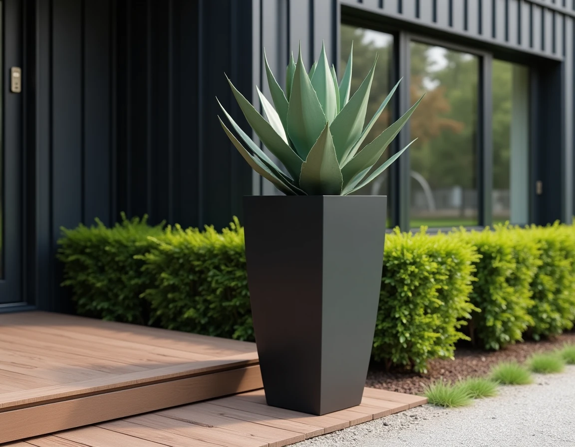 Pot de fleur extérieur 100 cm noir en fibre de verre avec agave sur terrasse en bois maison contemporaine