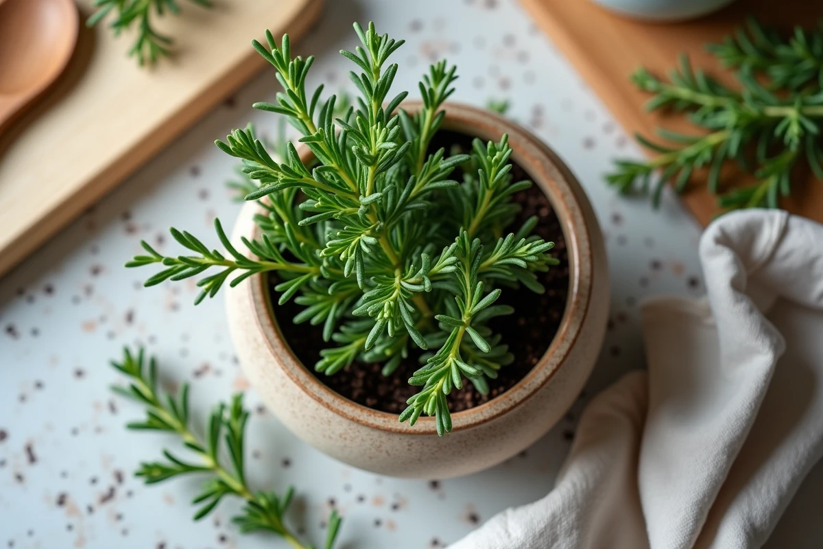 Pot de thym frais sur plan de travail en cuisine rustique