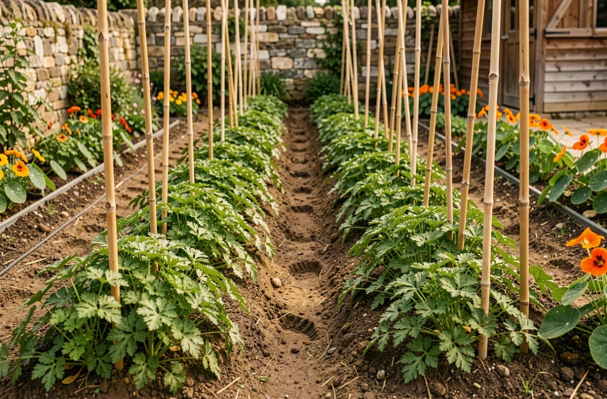 Potager organisé au printemps avec du persil frisé en rangs associé à des tomates, capucines et œillets d'Inde