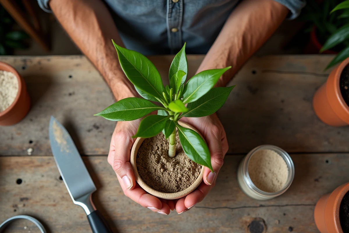 Bouture de bougainvillier préparée sur établi avec hormone d'enracinement et substrat sableux