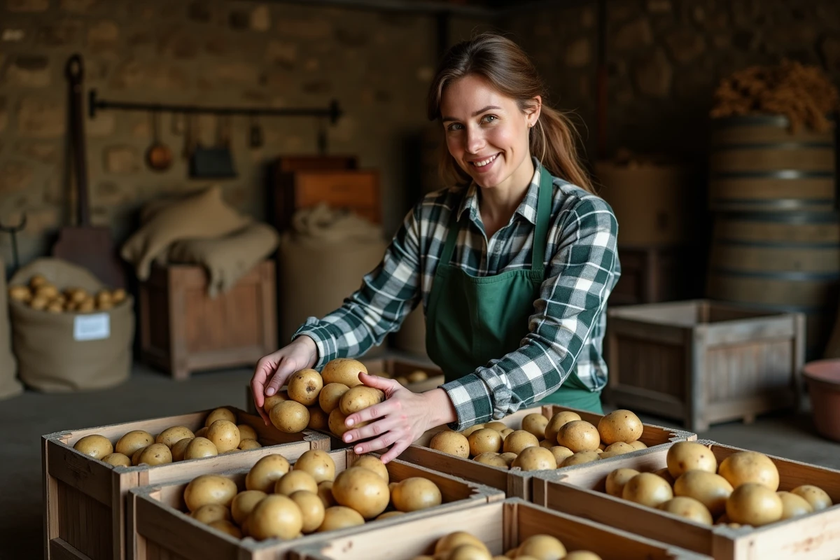Femme disposant des pommes de terre calibrées dans des cagettes en bois à l'intérieur d'une grange rustique pour la vente directe