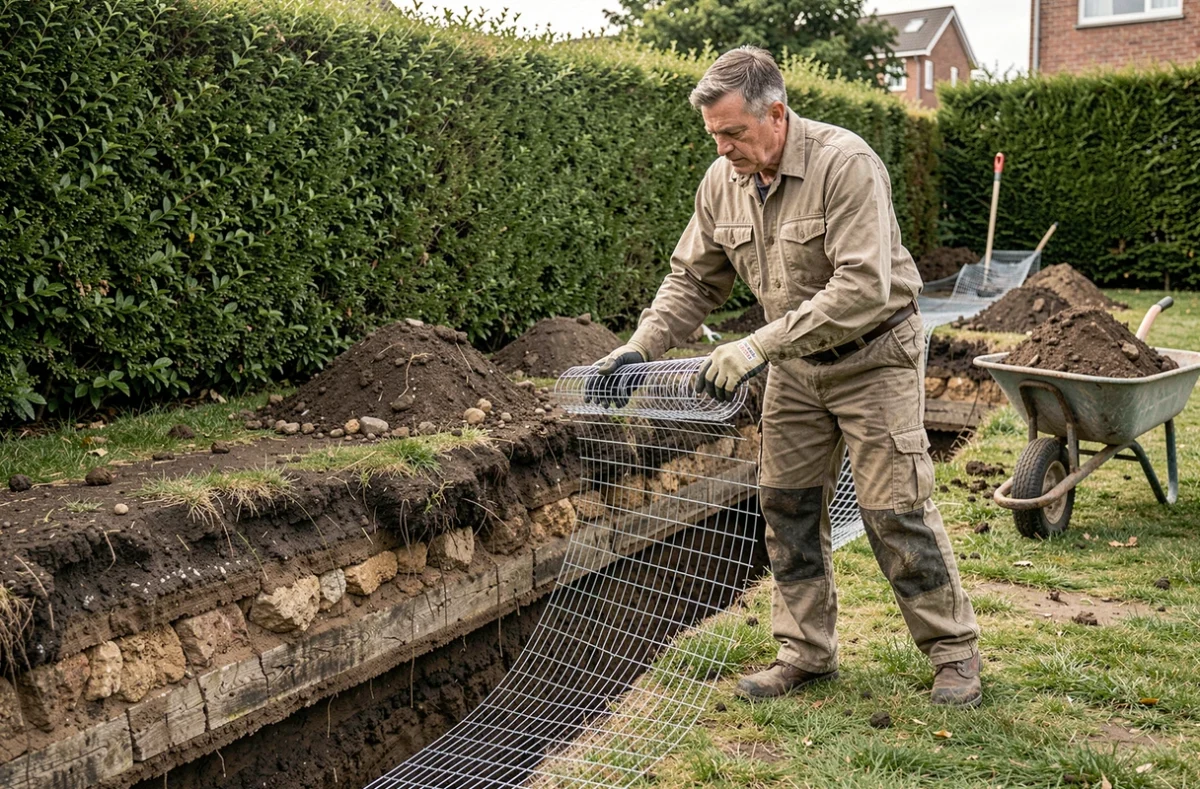 Jardinier installant une barrière de grillage galvanisé dans une tranchée pour bloquer la recolonisation des taupes