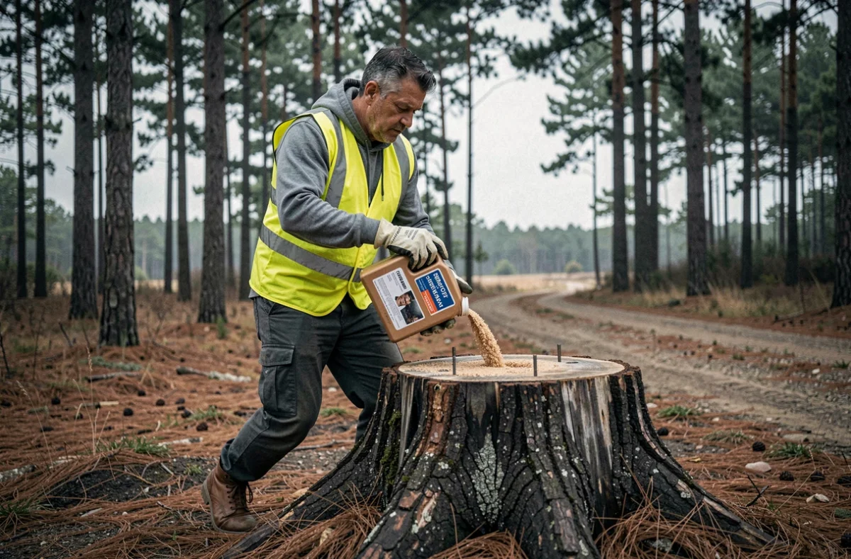 Homme appliquant un produit chimique pour décomposer une souche d'arbre