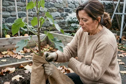 Femme enveloppant une christophine dans de la toile de jute pour la protéger du froid dans un potager urbain en automne