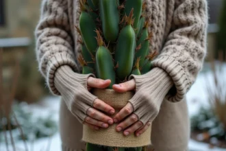 Jardinière protégeant la base d'un yucca avec de la toile de jute en hiver