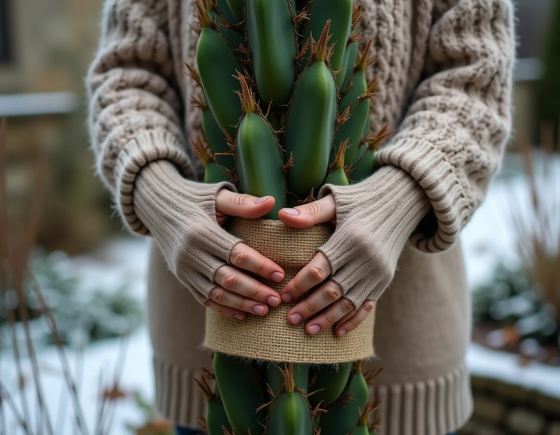 Jardinière protégeant la base d'un yucca avec de la toile de jute en hiver