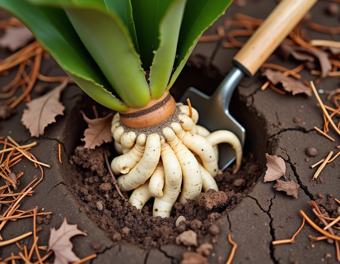 Racines de yucca exposées dans le sol hivernal avec paillis naturel