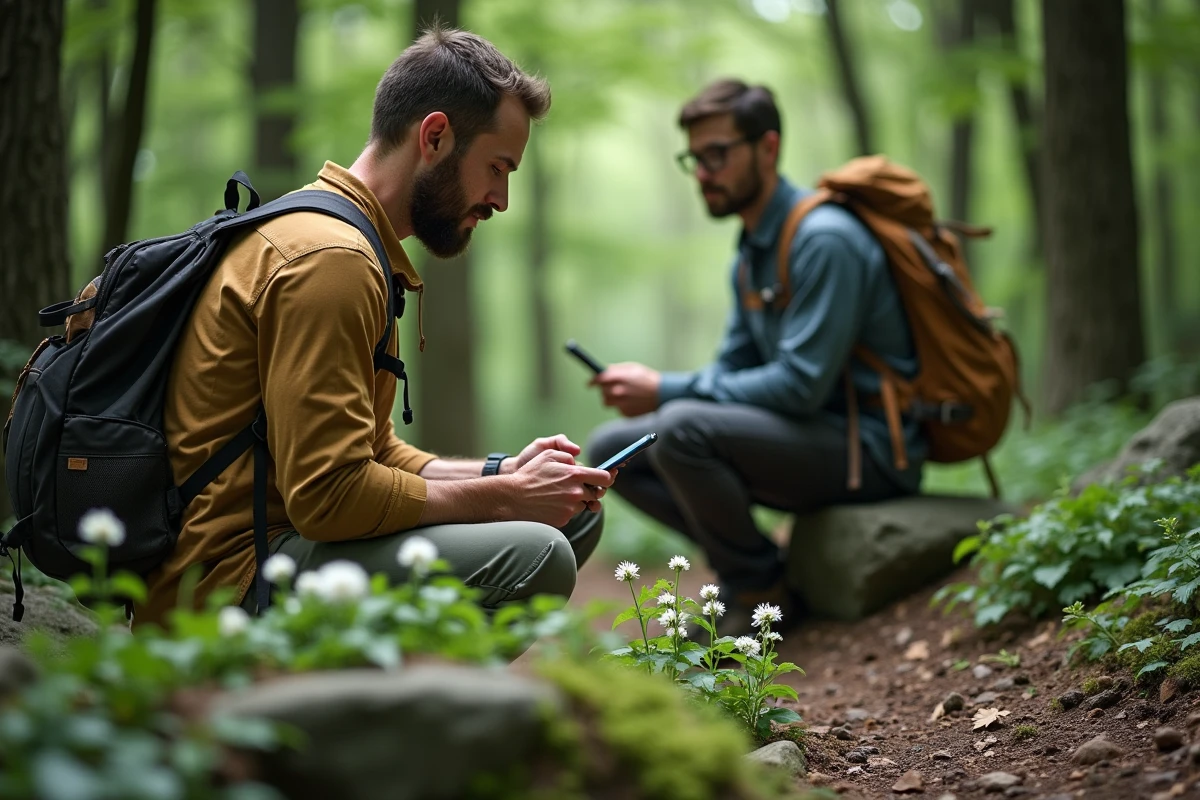 Randonneur utilisant une application d'identification de plantes sur son téléphone en forêt