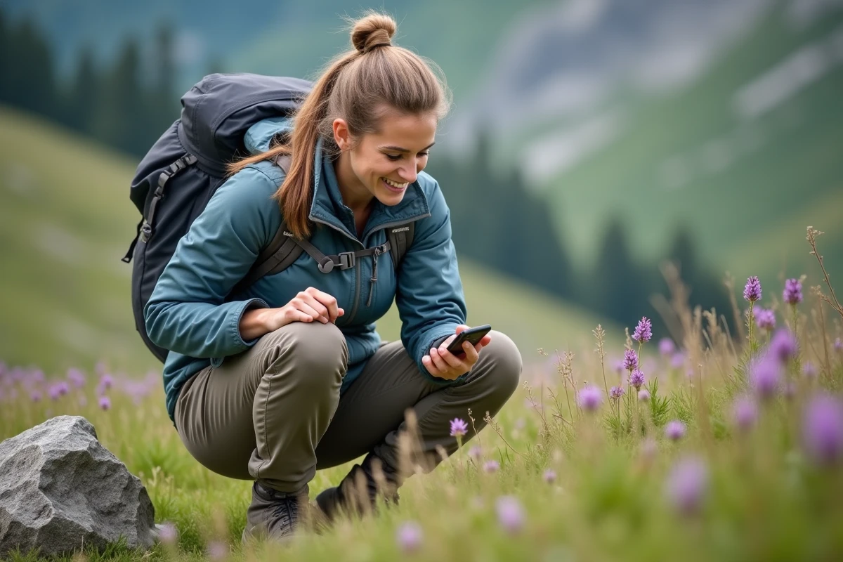 Randonneuse photographiant une fleur alpine avec son smartphone pour identification en montagne