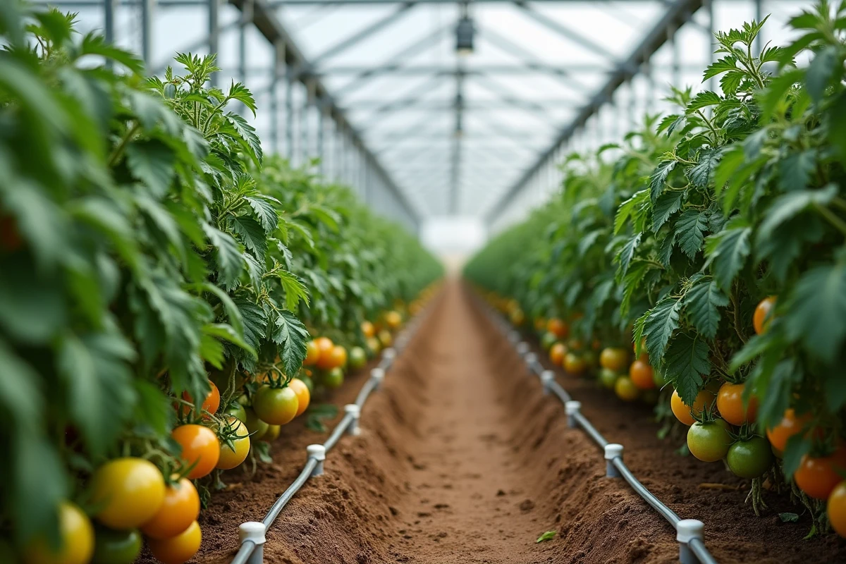 Vue en perspective d'une rangée de plants de tomates aux feuilles jaunissantes dans une grande serre agricole