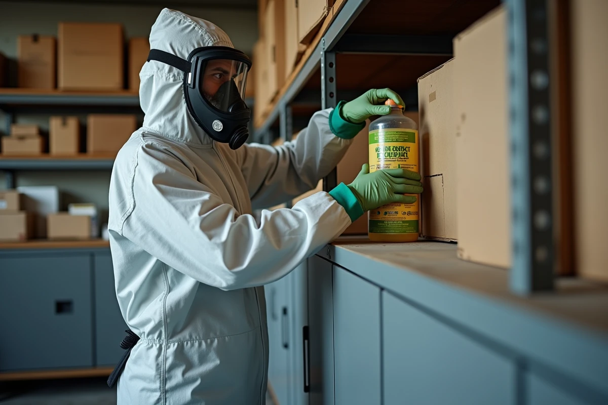 Homme en équipement de protection rangement un herbicide Roundup 360 Plus sur une étagère haute dans un garage sécurisé, hors de portée des enfants et des animaux