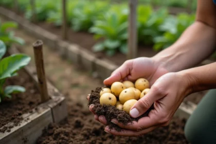 Femme tenant des pommes de terre de primeur fraîchement récoltées dans un jardin potager en été
