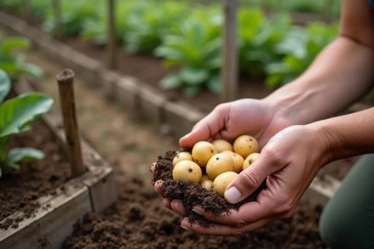 Femme tenant des pommes de terre de primeur fraîchement récoltées dans un jardin potager en été