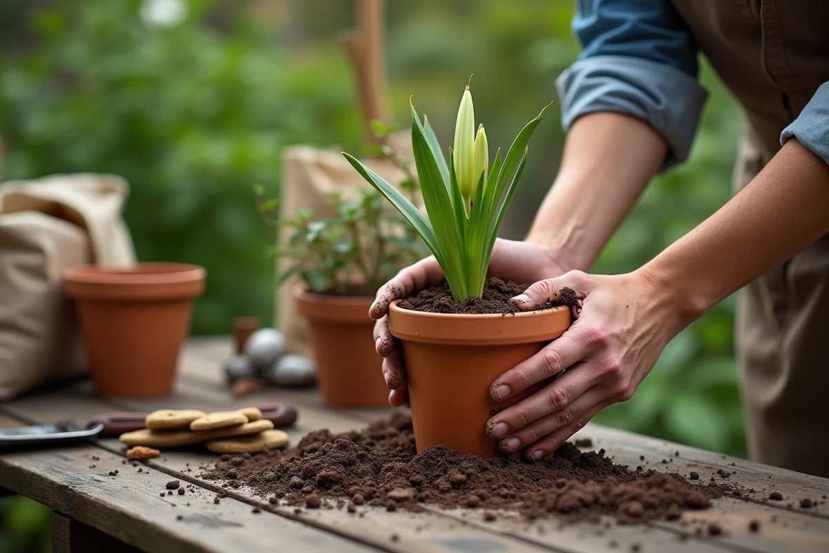 Mains rempotant un bulbe de lys dans un grand pot en céramique sur une table de jardinage en bois