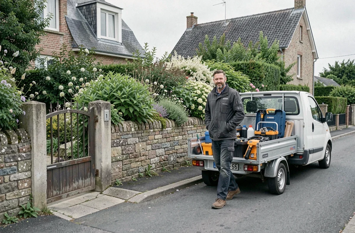 Paysagiste réactif arrivant avec son matériel devant le portail d'une maison normande en Seine-Maritime