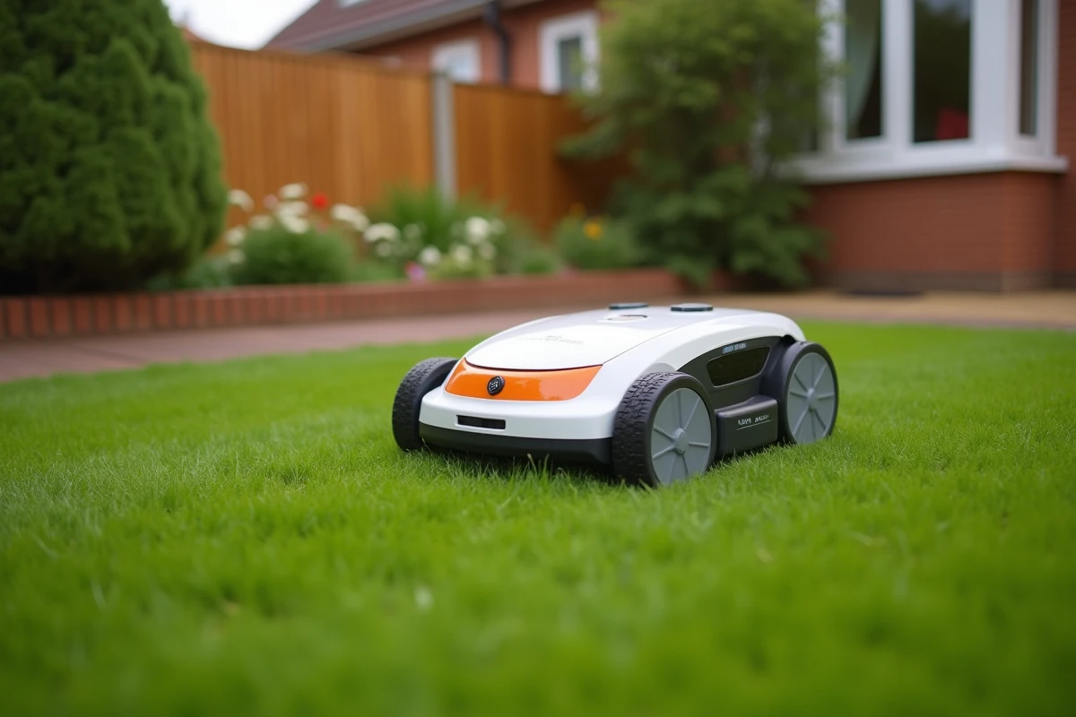 Robot tondeuse Kress autonome en action sur une pelouse résidentielle bien entretenue avec massifs de fleurs en arrière-plan