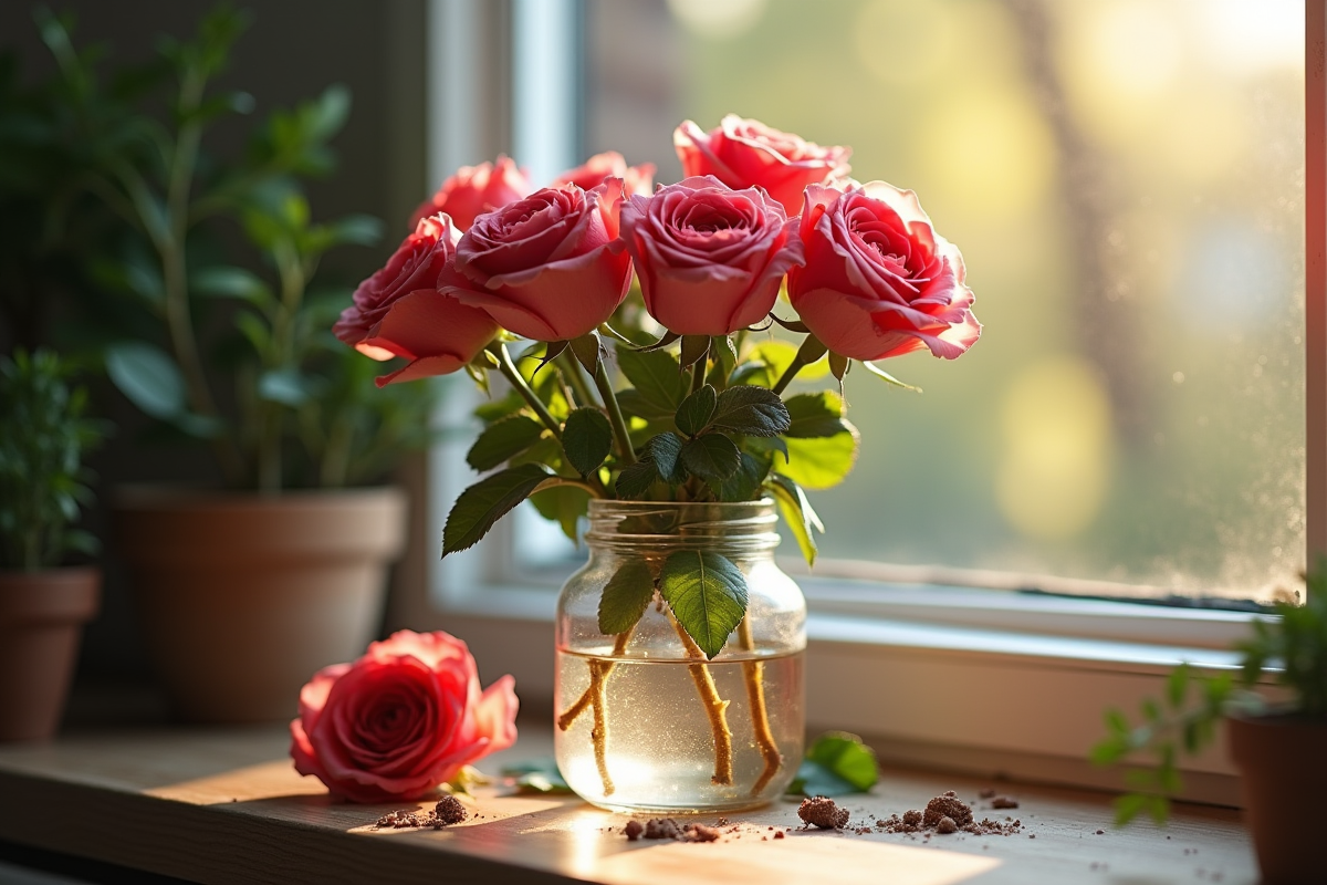 Roses dans un verre d eau avec feuilles fanées et moisissures