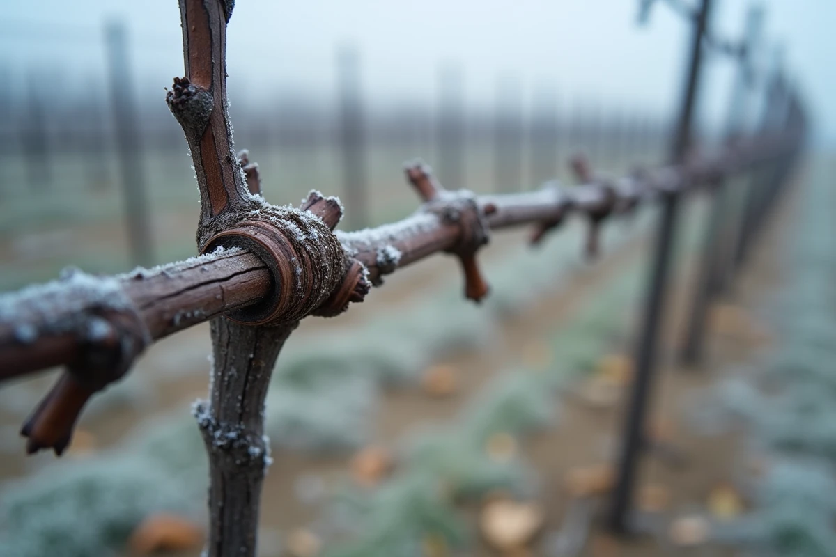 Détail de sarments de vigne stressés par la sécheresse estivale, bourgeons desséchés et écorce fissurée en hiver