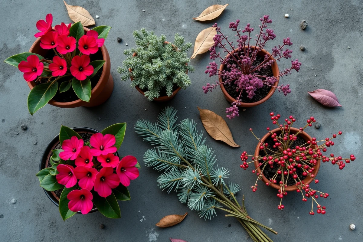 Sélection de plantes hivernales pour jardinière de cimetière : cyclamen, bruyère, genévrier et skimmia sur béton