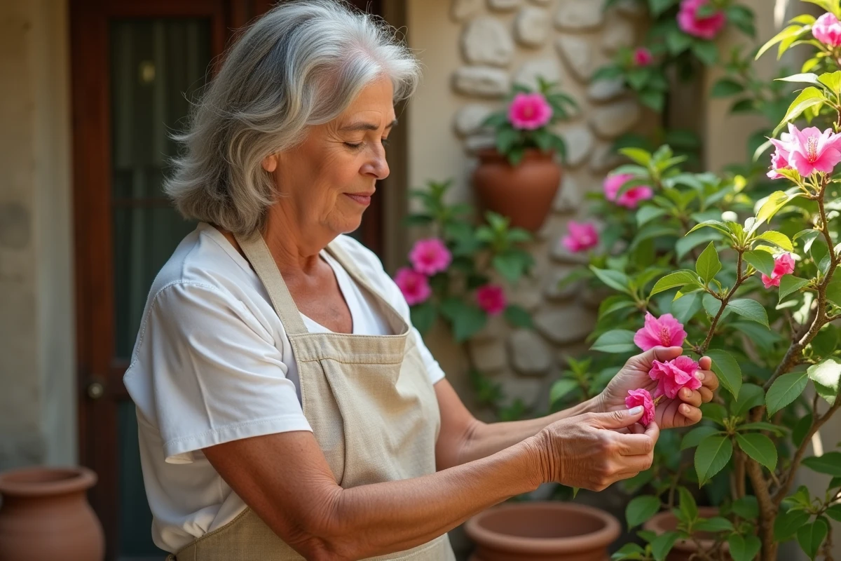 Femme sélectionnant une tige de bougainvillier pour le bouturage dans un jardin méditerranéen