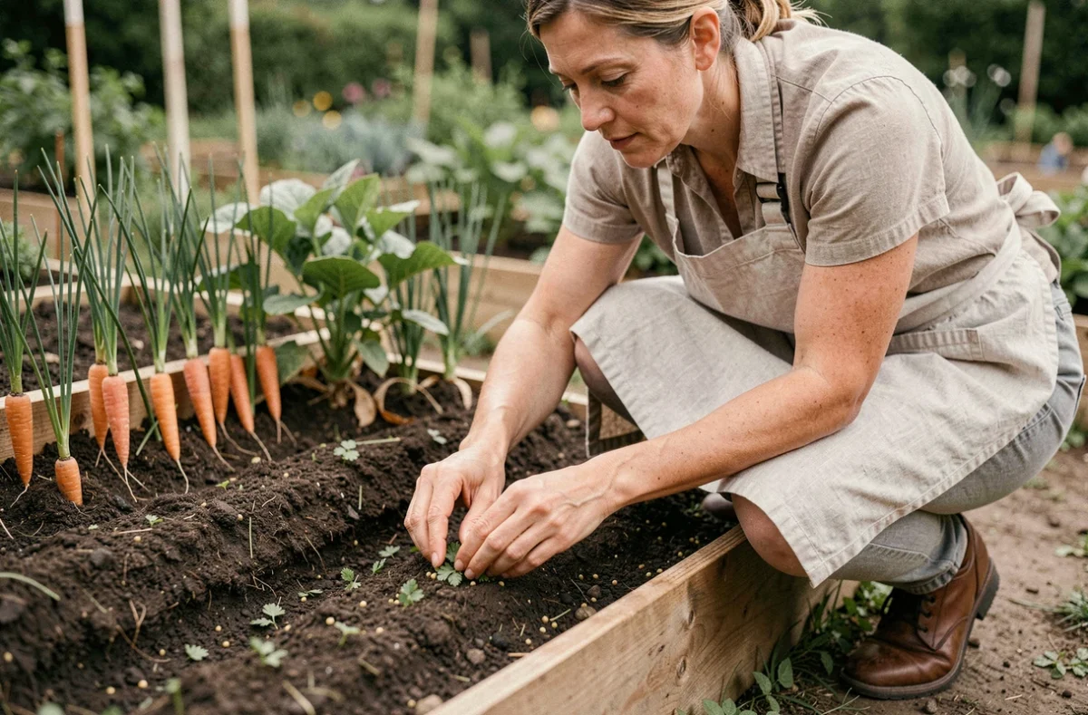 Femme semant du persil dans un potager surélevé entouré de plantes compagnes comme les carottes et la ciboulette