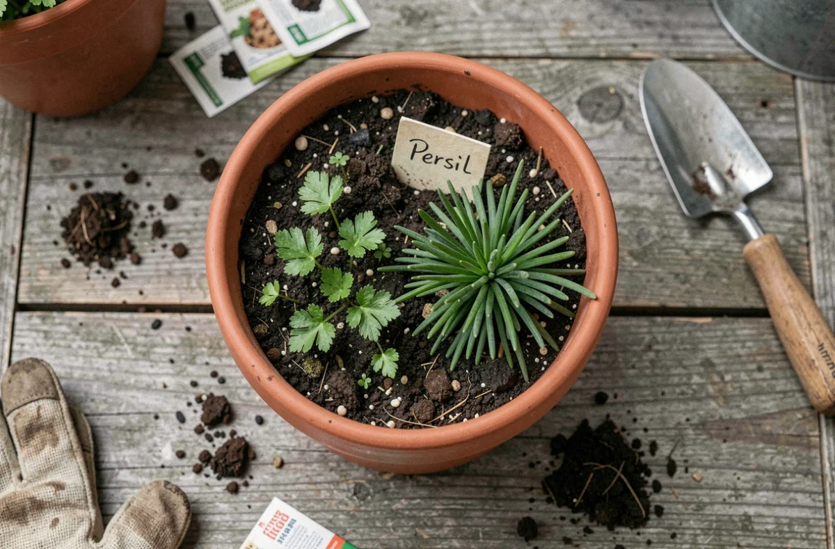 Semis de persil en pot avec de la ciboulette comme plante compagne, étiquette manuscrite dans la terre