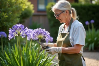 Femme taillant les tiges fanées d'une touffe d'agapanthe dans un jardin en été avec un sécateur propre