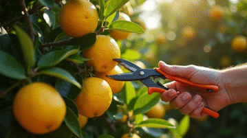 Personne taillant un arbre citronnier dans un jardin méditerranéen