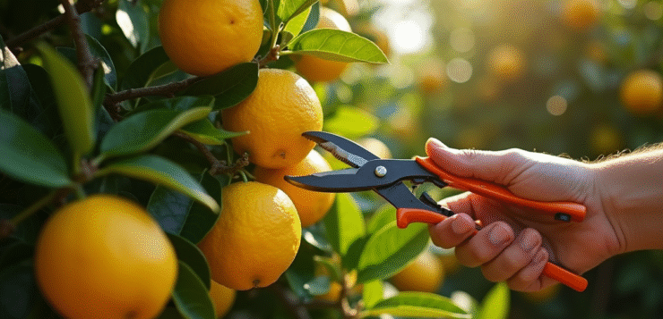 Personne taillant un arbre citronnier dans un jardin méditerranéen