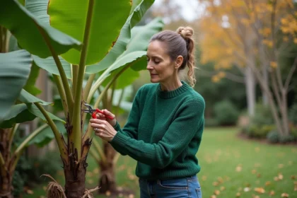 Femme taillant un bananier dans un jardin automnal