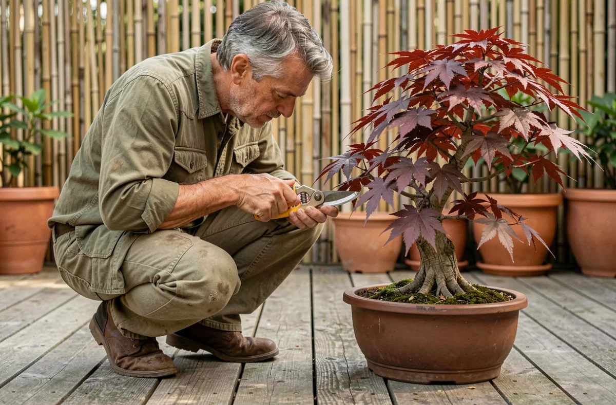 Homme taillant un érable du Japon en bonsaï en pot sur une terrasse en bois en été, feuillage bordeaux et cisailles japonaises visibles