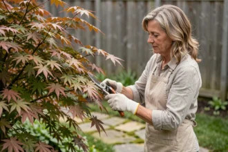 Femme taillant un érable du Japon au printemps dans un jardin résidentiel avec un sécateur, feuilles rouges palmées visibles en gros plan