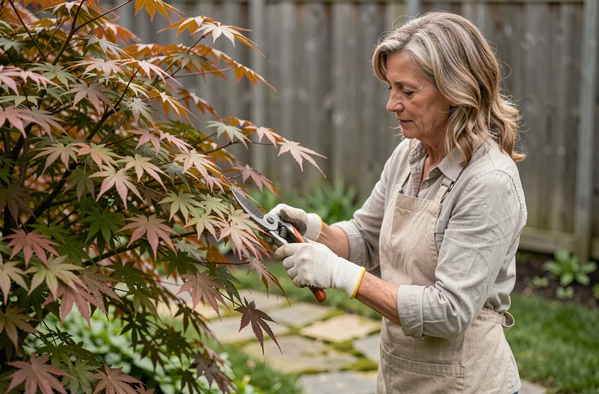 Femme taillant un érable du Japon au printemps dans un jardin résidentiel avec un sécateur, feuilles rouges palmées visibles en gros plan