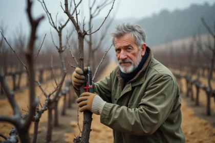 Vigneron taillant une vigne dormante en hiver après une saison de sécheresse, sol aride et sarments secs visibles