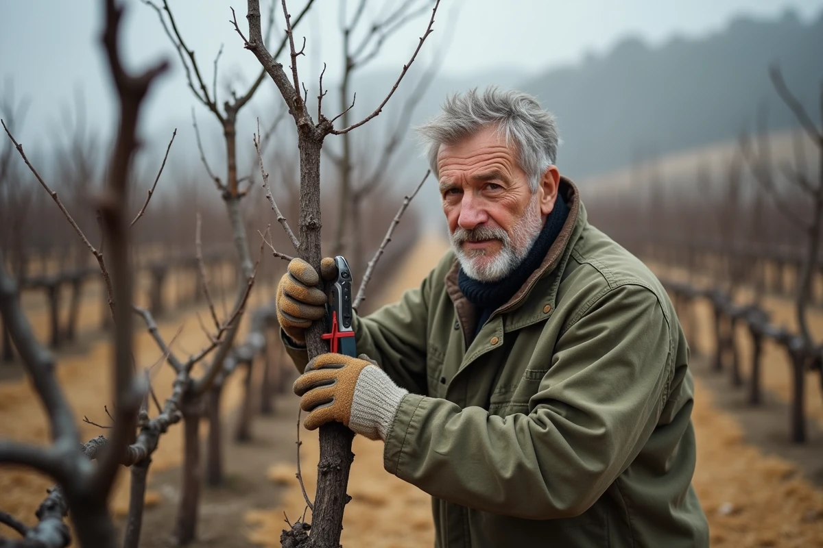 Vigneron taillant une vigne dormante en hiver après une saison de sécheresse, sol aride et sarments secs visibles