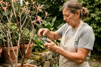 Jardinierde taillant un arbre à crevette dégarni avec un sécateur pour le rajeunir