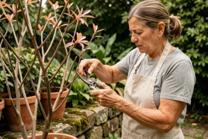 Jardinierde taillant un arbre à crevette dégarni avec un sécateur pour le rajeunir