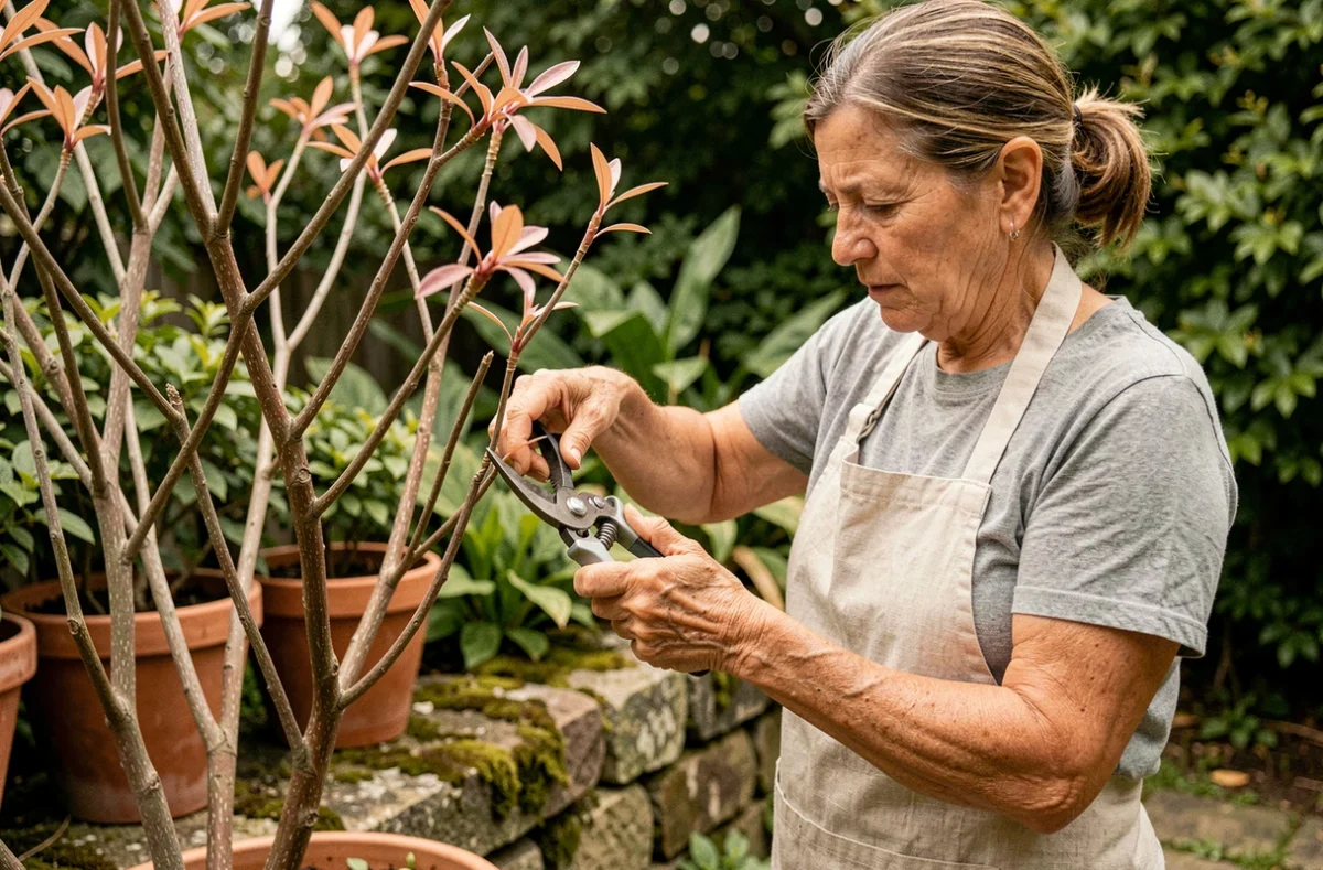 Jardinierde taillant un arbre à crevette dégarni avec un sécateur pour le rajeunir