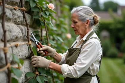 Jardinière taillant un rosier grimpant palissé sur un mur en pierre calcaire avec un sécateur, dans un jardin de campagne français