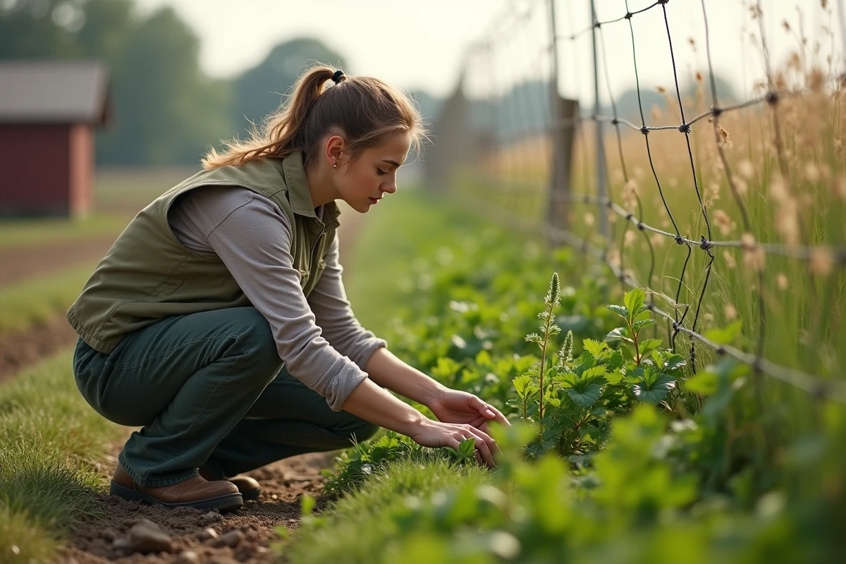 Jeune technicienne agricole inspectant des mauvaises herbes