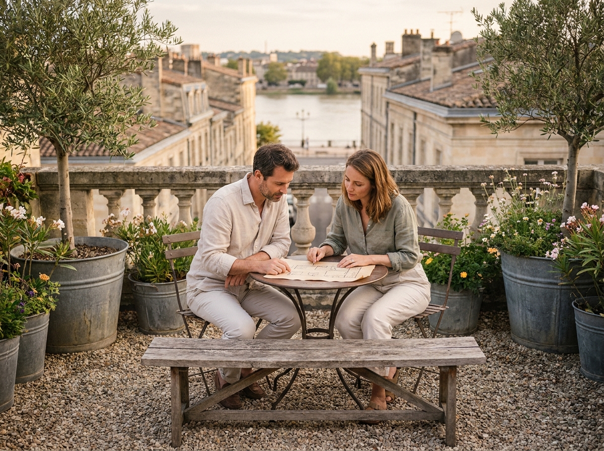 Couple discutant de l'aménagement d'une terrasse urbaine avec oliviers en zinc et vue sur les toits de Bordeaux