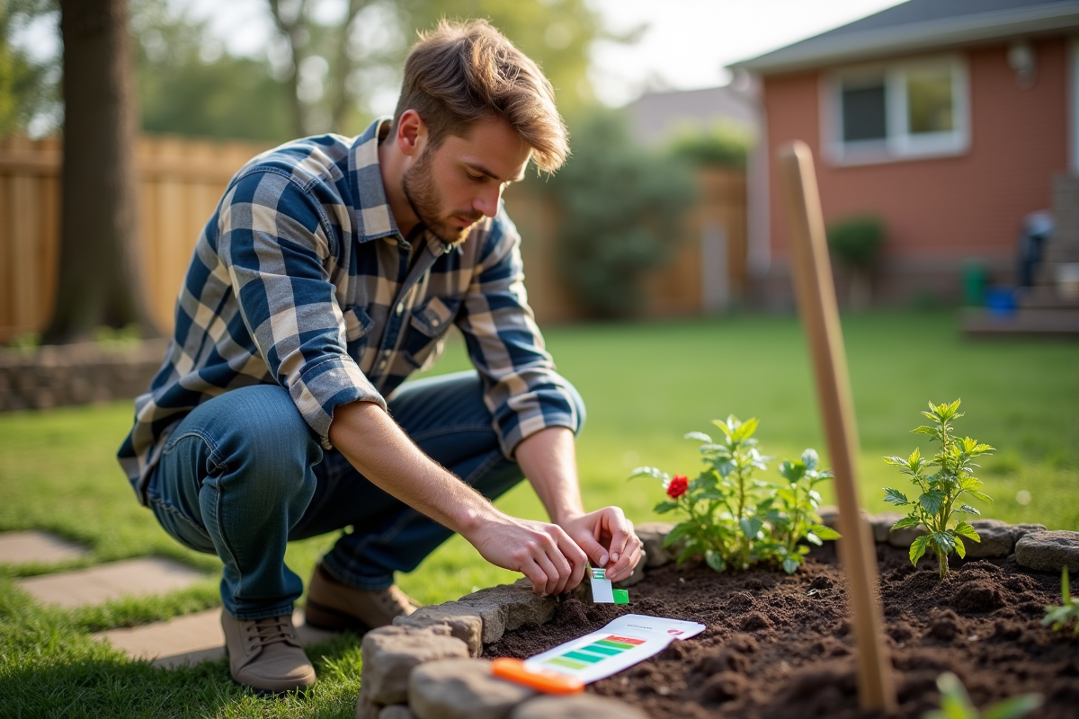 Jeune homme testant le pH du sol dans un jardin