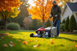 Jardinier en automne tondant la pelouse avec un coupe-herbe haut de gamme
