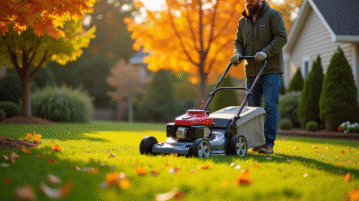 Jardinier en automne tondant la pelouse avec un coupe-herbe haut de gamme