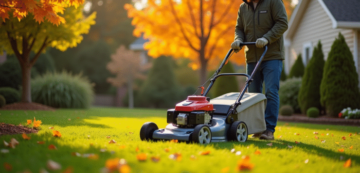 Jardinier en automne tondant la pelouse avec un coupe-herbe haut de gamme