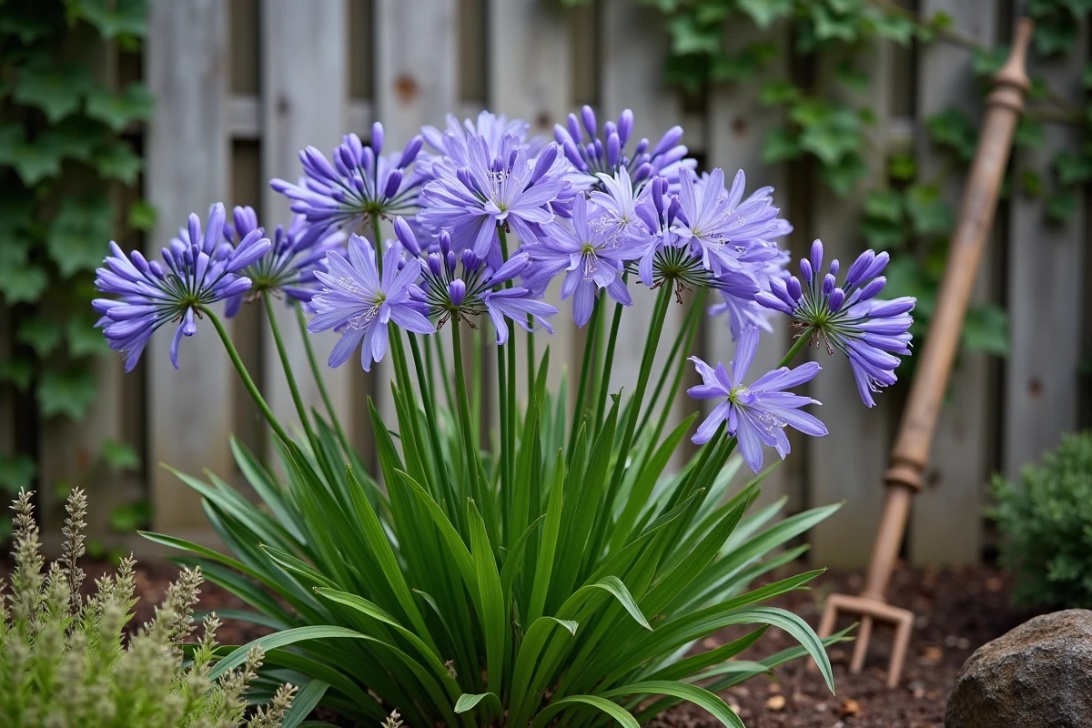 Touffe d'agapanthe bien entretenue en automne avec quelques tiges séchées conservées pour l'hiver dans un jardin de particulier